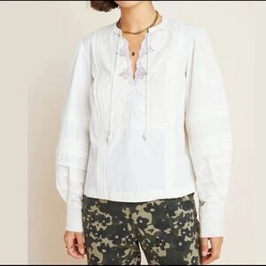 Anthropologie Delilah White Embroidered Pleated Lace Peasant Blouse Size 14